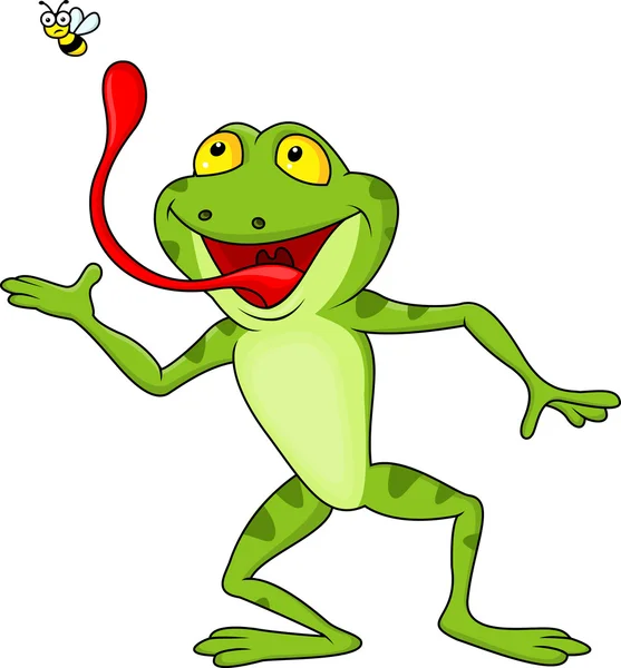 Funny cartoon frog catching fly — Stock Vector