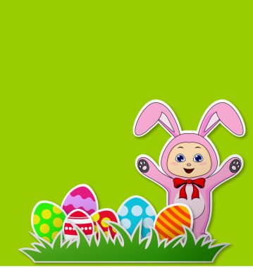 Paskalya yumurtaları ve bebek tavşan kostümü ile kağıt kartı