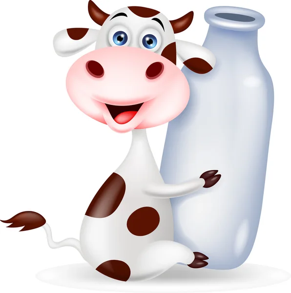 Caricatura de vaca linda con botella de leche — Vector de stock