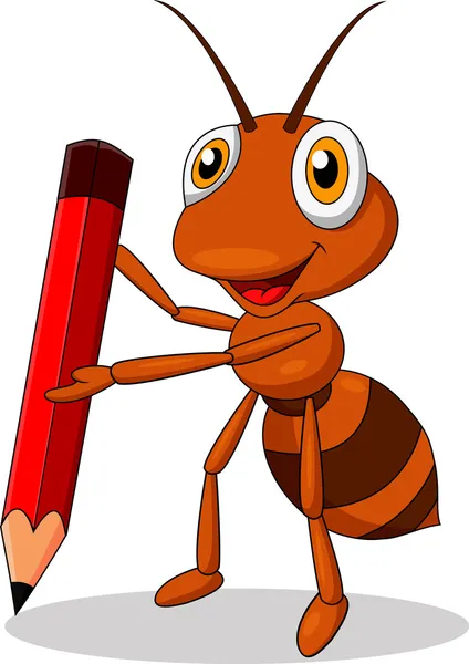 Cute kartun semut dengan pensil merah - Stok Vektor
