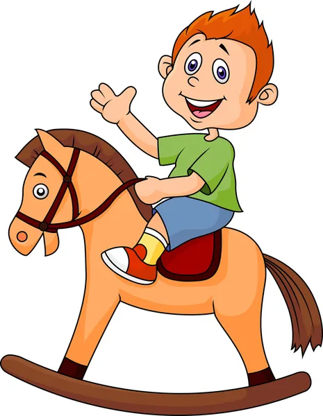 Seorang anak kartun mengendarai mainan kuda - Stok Vektor