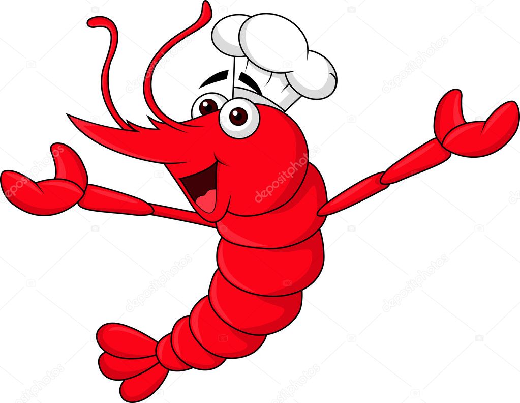 Cute shrimp chef cartoon waving