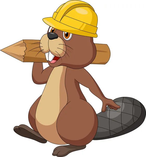 Carino castoro cartone animato indossando cappello di sicurezza e tenendo un tronco di legno — Vettoriale Stock