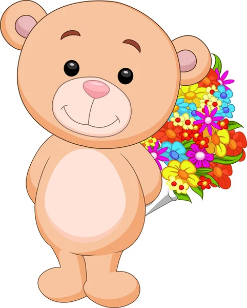 Bonito urso desenho animado segurando balde de flores —  Vetores de Stock