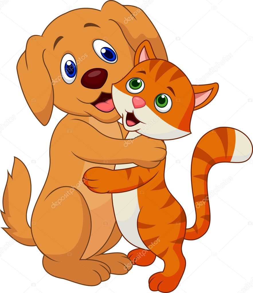 Cute dog and cat cartoon embracing each other
