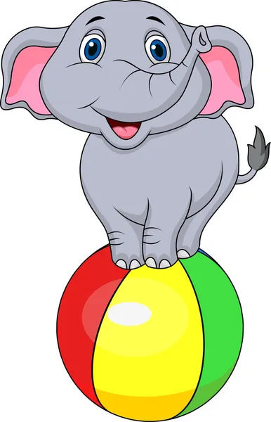 Lindo elefante de dibujos animados de pie en una bola de colores — Vector de stock
