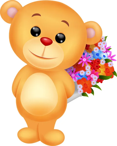 Bonito urso desenho animado segurando balde de flores — Vetor de Stock