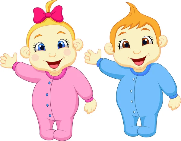 Bebé niño y niña de dibujos animados saludando mano — Vector de stock