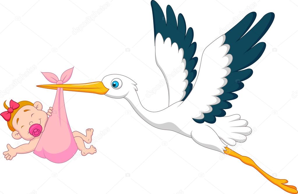 Stork with baby girl cartoon