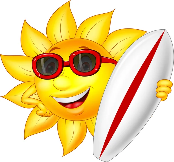 Roztomilý slunce kreslená postava s surfování desky — Stockový vektor