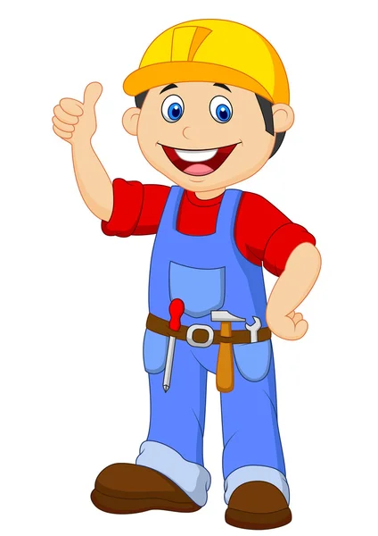 Cartoon handyman with tools belt thumb up — Stock Vector