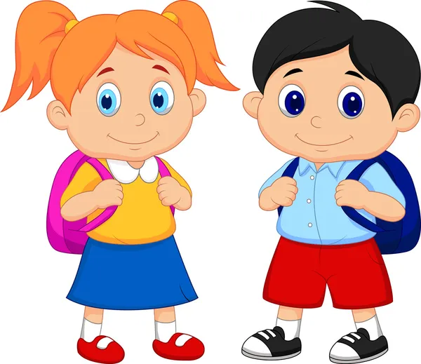 Niño y niña con mochilas — Vector de stock