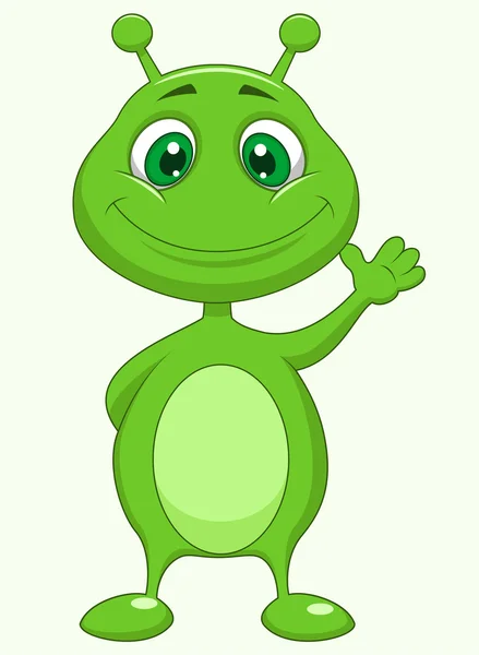 Cute green alien cartoon waving — Stock Vector