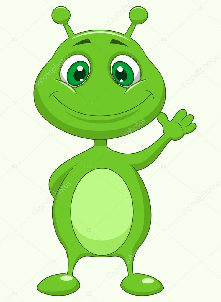 Cute green alien cartoon waving