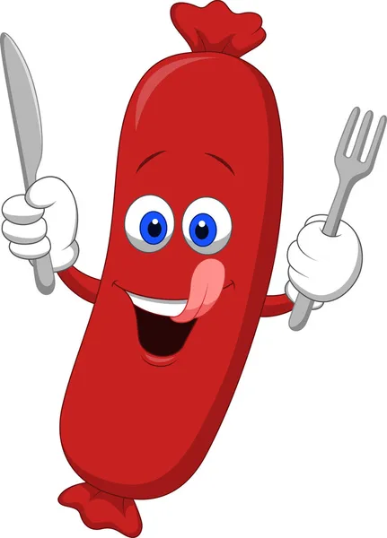 Happy Sausage Cartoon Mascot Character With Fork and Knife — Stock Vector