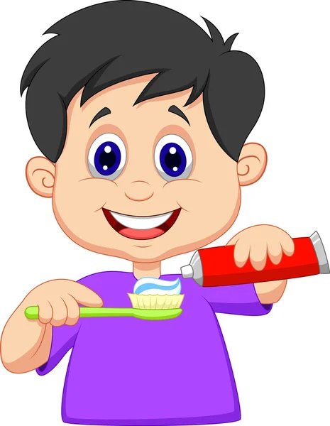 Kid squeezing tooth paste on a toothbrush — Stock Vector