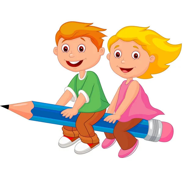 男孩和女孩在一支铅笔上飞 — 图库矢量图片