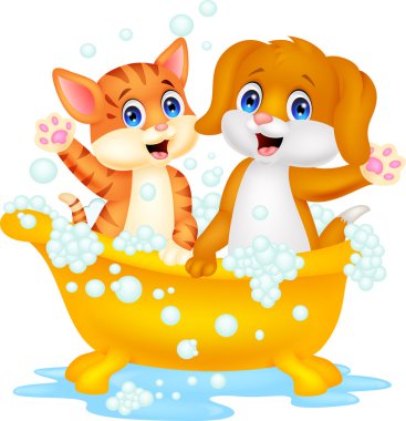 sevimli çizgi kedi ve köpek zaman banyo
