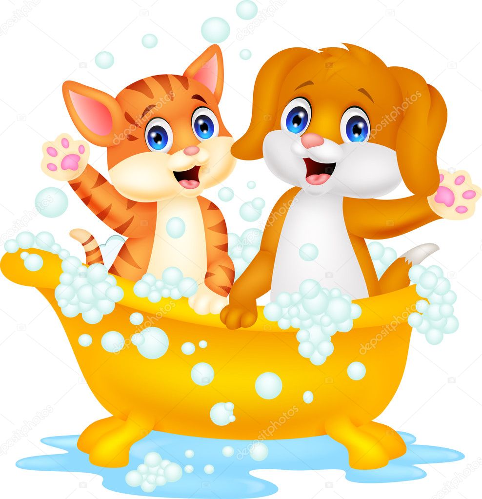 Cute cartoon cat and dog bathing time