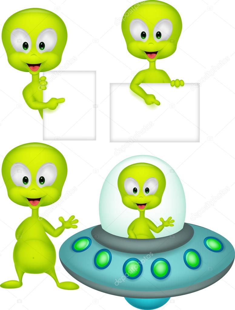 Cute green alien cartoon collection set