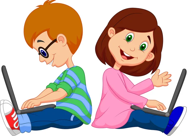 Мальчик и девочка сидят с ноутбуком — стоковый вектор
