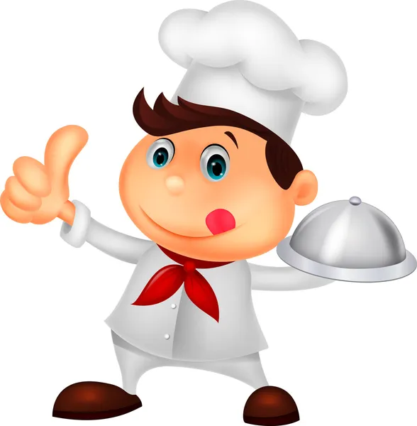 Шеф-кухар тримає металеву харчову тарілку і великий палець вгору — стоковий вектор