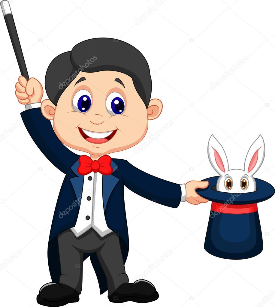Magician cartoon pulling out a rabbit from his top hat