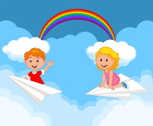 Cartoon kinderen op een papieren vliegtuig — Stockvector