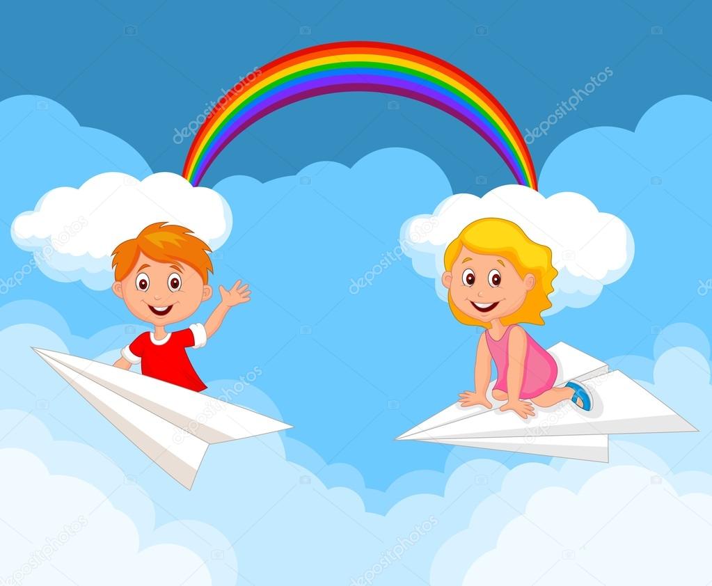 Cartoon kids on a paper plane