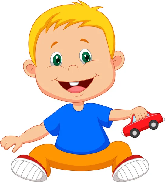 Симпатичный улыбчивый мальчик, играющий с игрушечной машиной — стоковый вектор