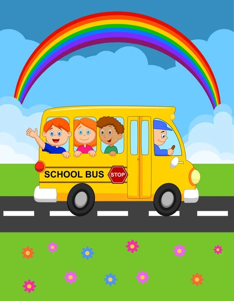 Ilustración de los niños de la escuela montando un autobús escolar — Vector de stock