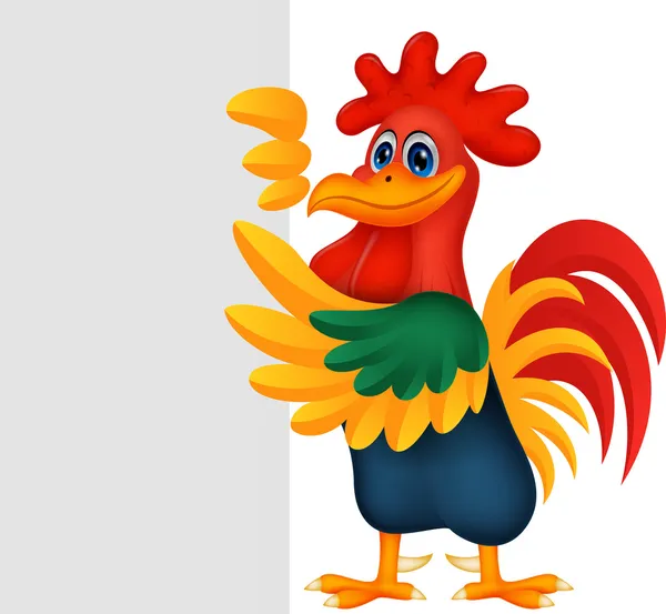 Lindo gallo de dibujos animados con signo en blanco — Vector de stock