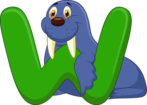 Alfabeto W con cartone animato Walrus — Vettoriale Stock