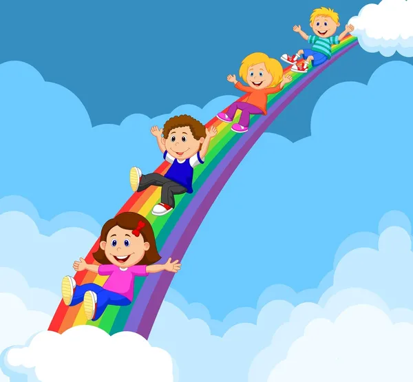 Kinder rutschen einen Regenbogen hinunter — Stockvektor