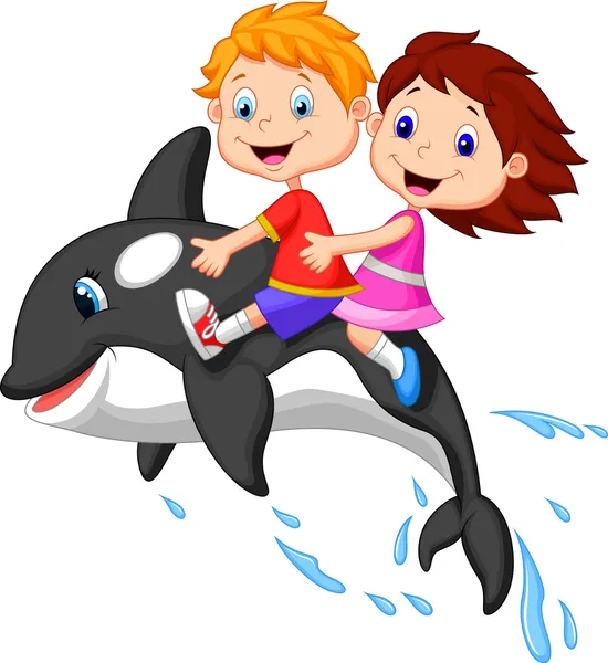 Niño y niña montando orca — Vector de stock