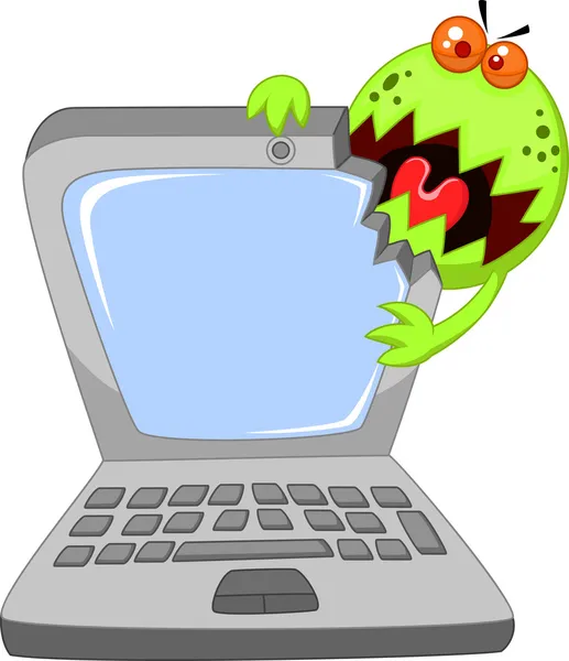 Cartoon virus eating computer — Stock Vector