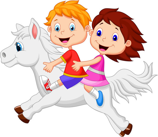 Boy and girl riding a white horse