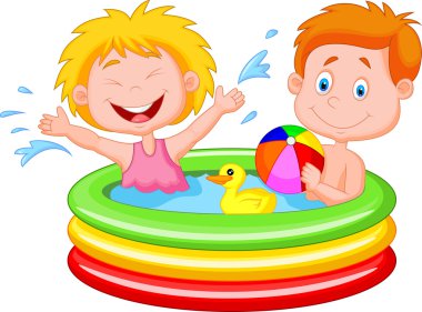 Kids Playing in an Inflatable Pool clipart