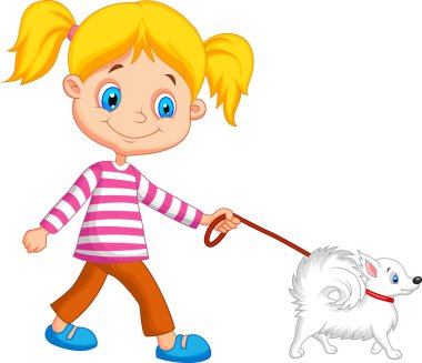 Cute girl walking with dog clipart