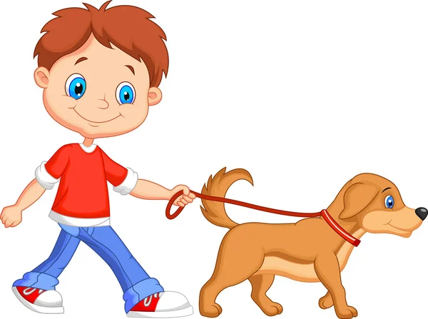 Lindo chico paseando con perro — Vector de stock