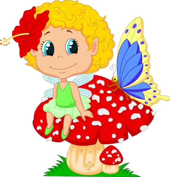 Baby fairy elf sitting on mushroom — Stock Vector