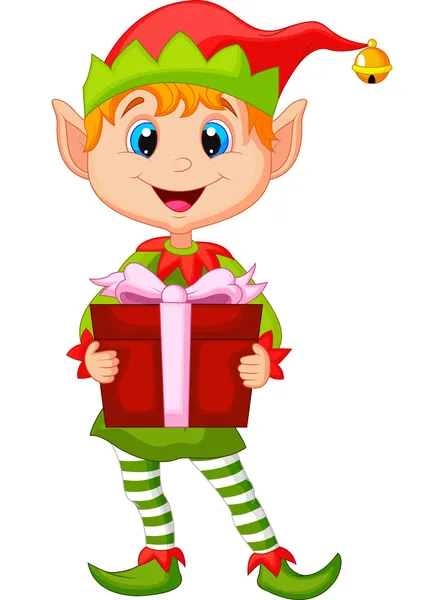 Lindo elfo de Navidad sosteniendo un regalo — Vector de stock