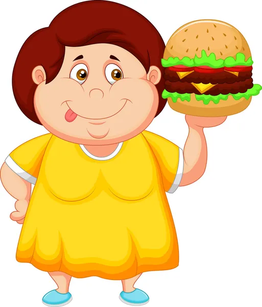 Chica gorda sonriendo y lista para comer una hamburguesa grande — Vector de stock