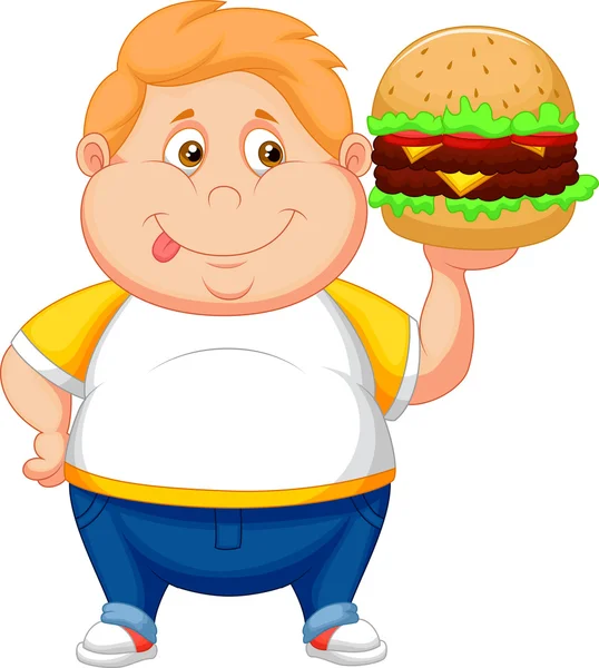 Menino gordo sorrindo e pronto para comer um grande hambúrguer — Vetor de Stock