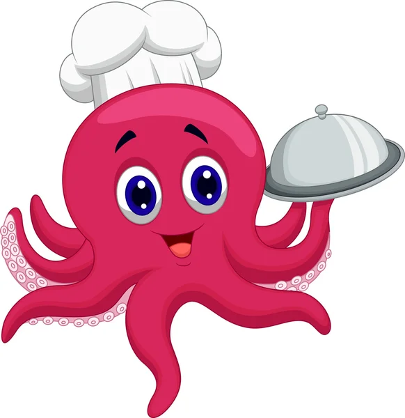 Octopus chef segurando prato — Vetor de Stock