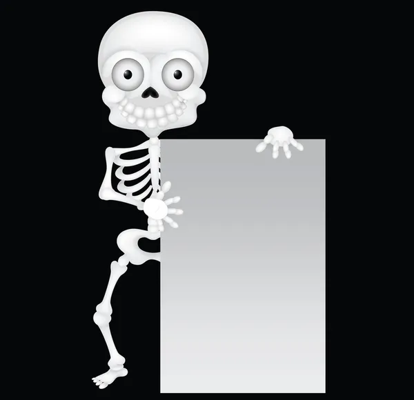 Divertido esqueleto de dibujos animados con signo en blanco — Vector de stock