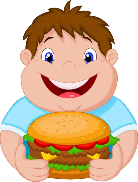 Grasso ragazzo sorridente e pronto a mangiare un grande hamburger — Vettoriale Stock