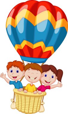 Happy kids riding a hot air balloon clipart