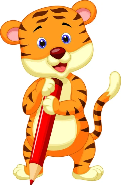 Cute tiger cartoon holding pencil — Stock Vector