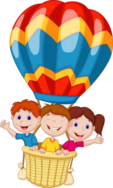 Niños felices montando un globo aerostático — Vector de stock